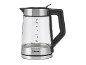 Bouilloire électrique SilverCrest en verre et acier inoxydable, avec poignée noire et graduations.