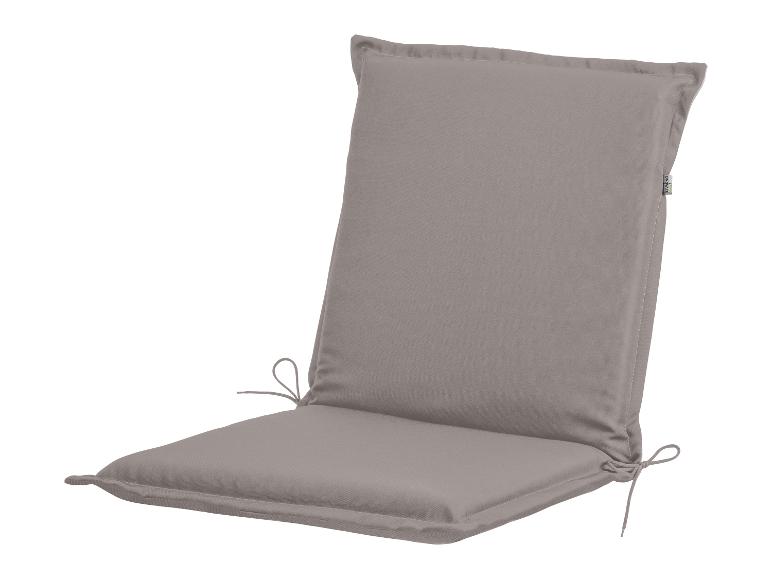 Coussin de siège gris avec dossier et attaches.