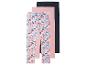 Trois leggings pour filles : un à motif coquillages, un rose et un bleu marine.