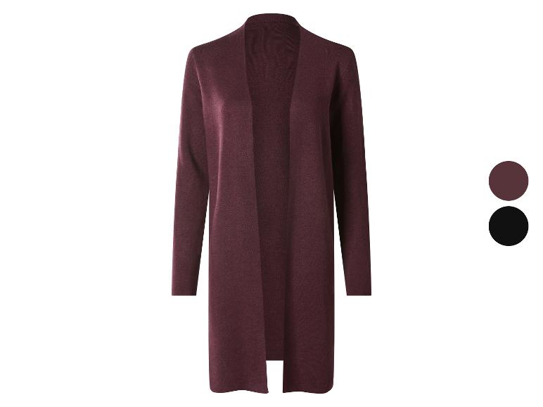 Cardigan long bordeaux pour femme, avec des échantillons de couleur bordeaux et noir.