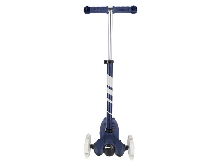 Trottinette Lupilu bleue à trois roues avec des rayures blanches et l'inscription « SCOOTER » sur le guidon.
