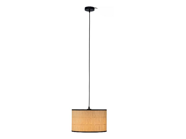 Suspension avec abat-jour cylindrique en bois naturel et détails noirs.