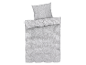 Parure de lit enfant avec motif de lignes grises sur fond blanc.