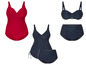 Un maillot de bain rouge, un bikini bleu et un tankini bleu.