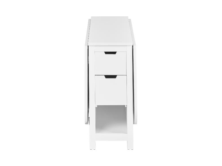 Table de cuisine pliante blanche avec tiroirs et étagère, vue de face.
