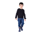 Garçon en pull bleu foncé, jean et bottes de pluie.