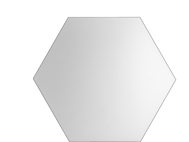 Un miroir hexagonal mesurant environ 21 cm de large et 18 cm de haut.