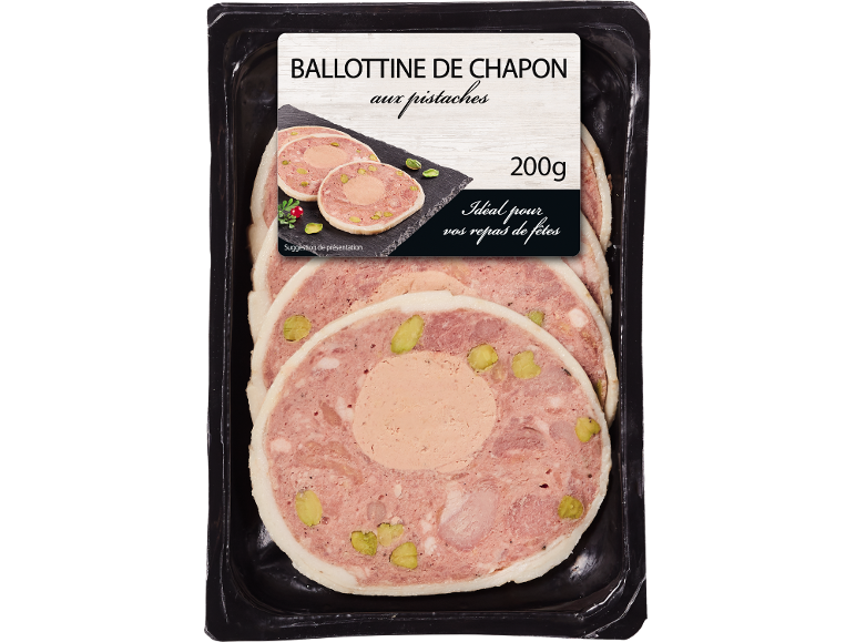 Ballotine de chapon aux pistaches, 200g, idéale pour vos repas de fêtes.