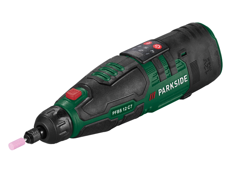 Un outil rotatif sans fil Parkside PFBS 12 C7 avec un accessoire de meulage rose.
