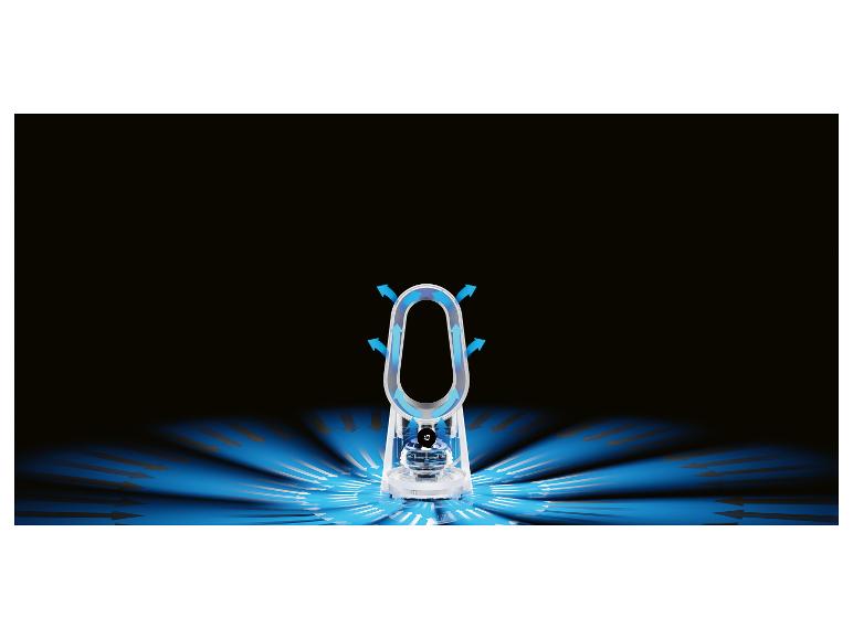 Ventilateur sans pales avec flux d'air directionnel bleu sur fond noir.