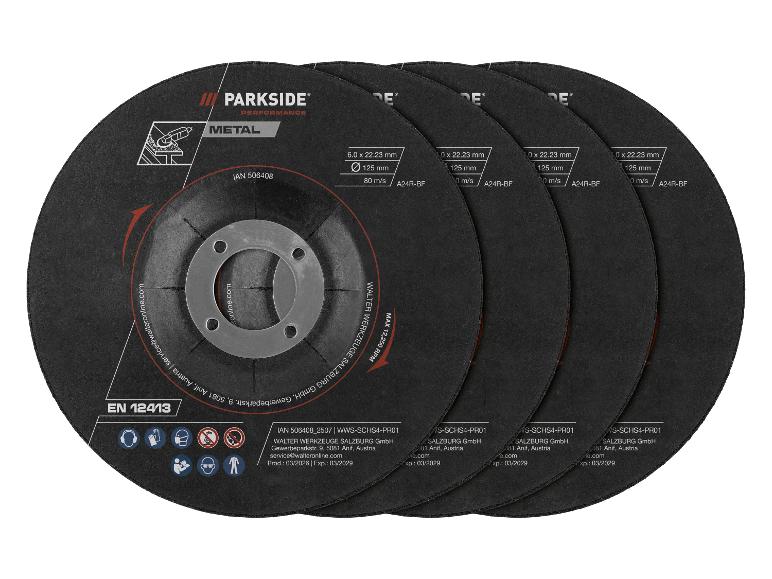 Quatre disques à meuler le métal noirs avec spécifications du produit et icônes de sécurité.