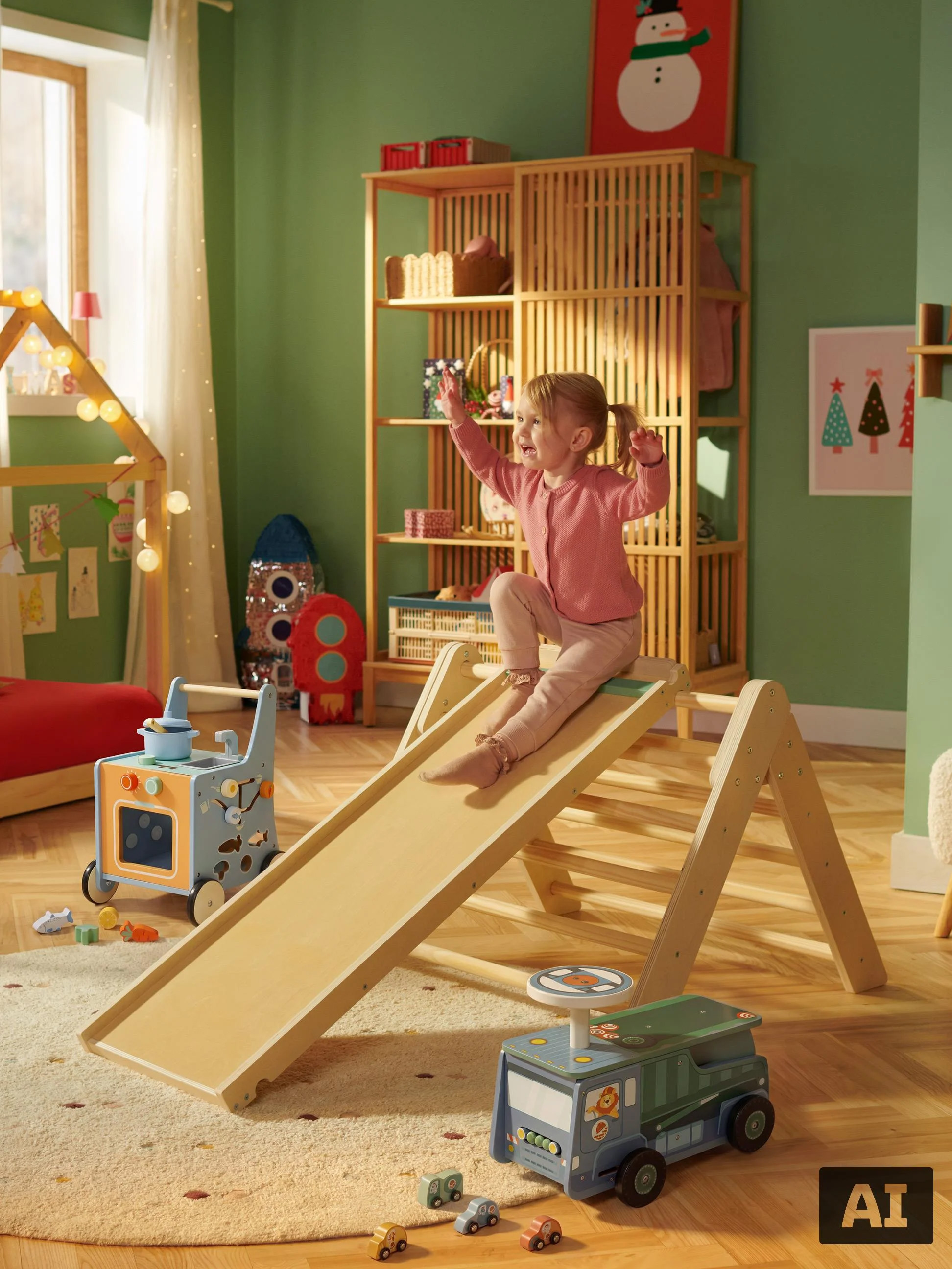 Bébé joue sur un triangle d'escalade en bois avec toboggan dans une chambre d'enfant.
