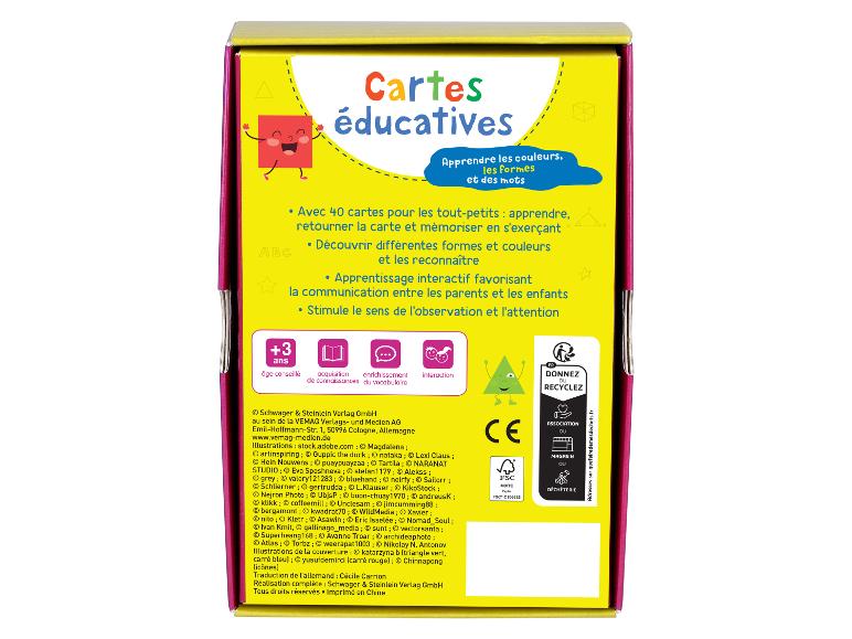Cartes éducatives pour apprendre les couleurs, les formes et les mots, pour les 3 ans et plus.