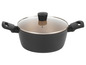 Une casserole noire avec un couvercle en verre
