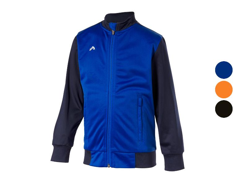 Une veste de survêtement bleue et bleu marine à fermeture éclair.