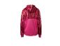 Sweat à capuche enfant rouge et fuchsia avec motif marbré et détails réfléchissants.