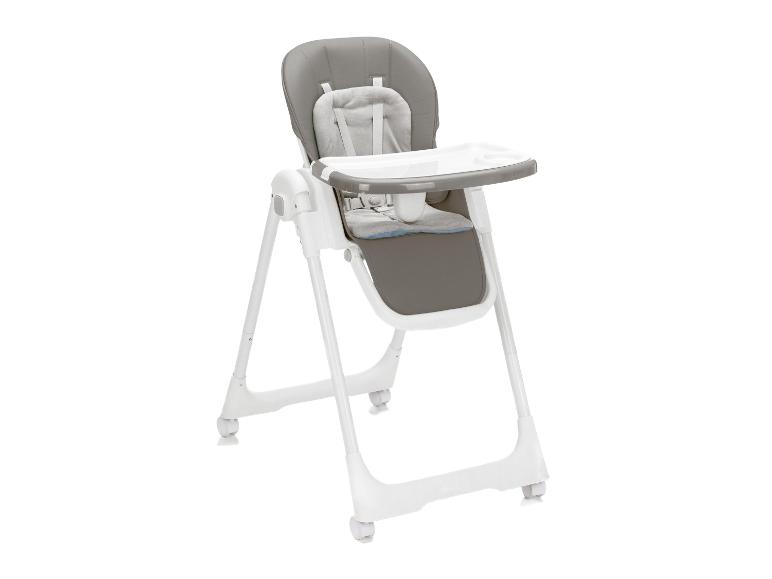 Chaise haute bébé grise et blanche avec plateau et roulettes