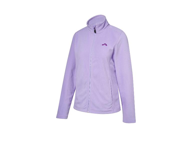 Veste polaire lavande avec fermeture éclair et logo sur la poitrine.