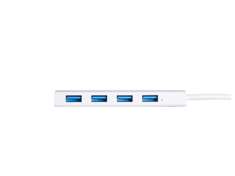 Un concentrateur USB blanc avec quatre ports.