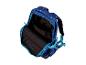 Sac à dos bleu avec motif éclaboussures colorées, ouvert, intérieur noir et fermeture éclair turquoise.