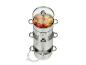 Presse-fruits en acier inoxydable : cuve, panier et couvercle en verre.