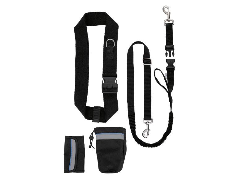 Ensemble noir pour chien avec laisse, ceinture et deux sacs accessoires.
