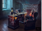 Bureau sur le thème d'Halloween avec un bureau, une chaise, une cheminée et des décorations effrayantes comme des crânes et des toiles d'araignée.
