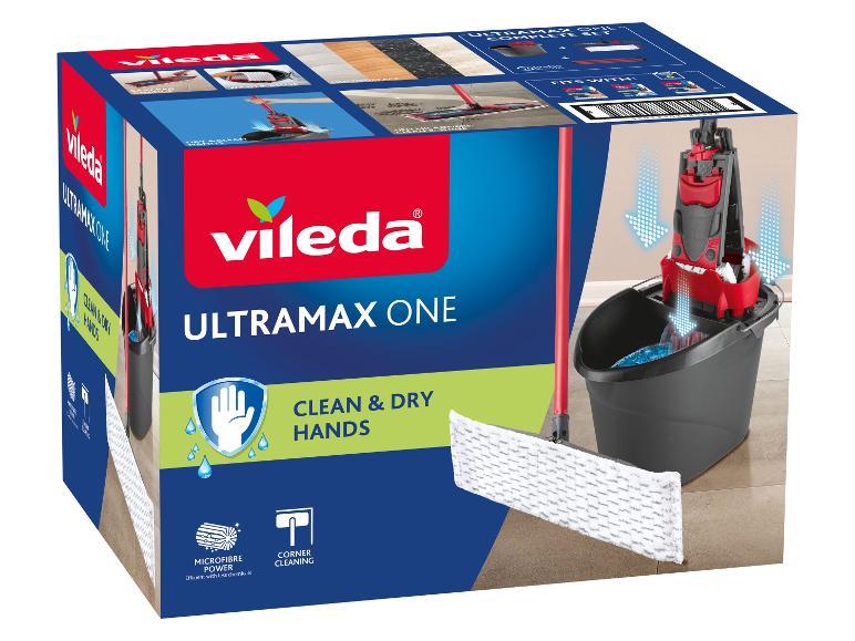 Kit de nettoyage Ultramax One avec balai, seau et recharge, promettant des mains propres et sèches.