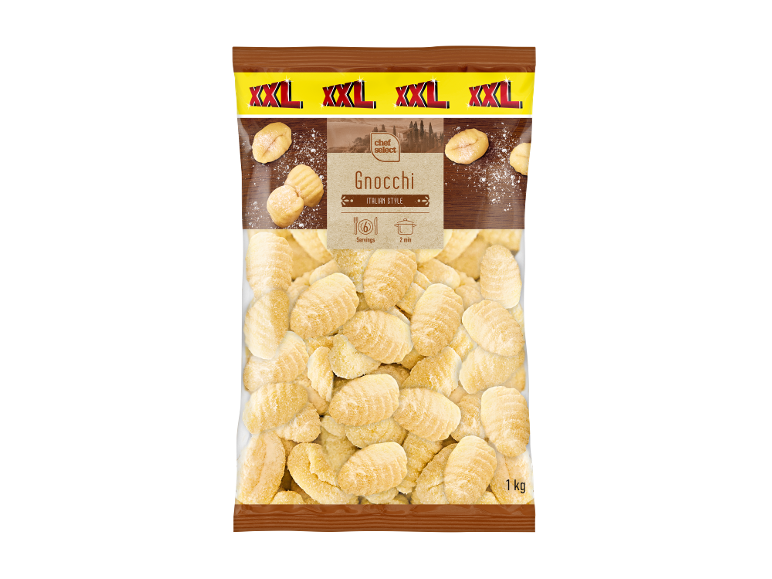 Gnocchi XXL à l'italienne, paquet de 1 kg, avec 6 portions et un temps de cuisson de 2 minutes.