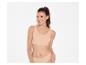Femme souriante en soutien-gorge et culotte nude, les cheveux en queue de cheval.