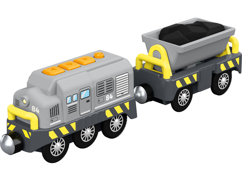 Train jouet gris et jaune avec un wagon de charbon, numéro 84.