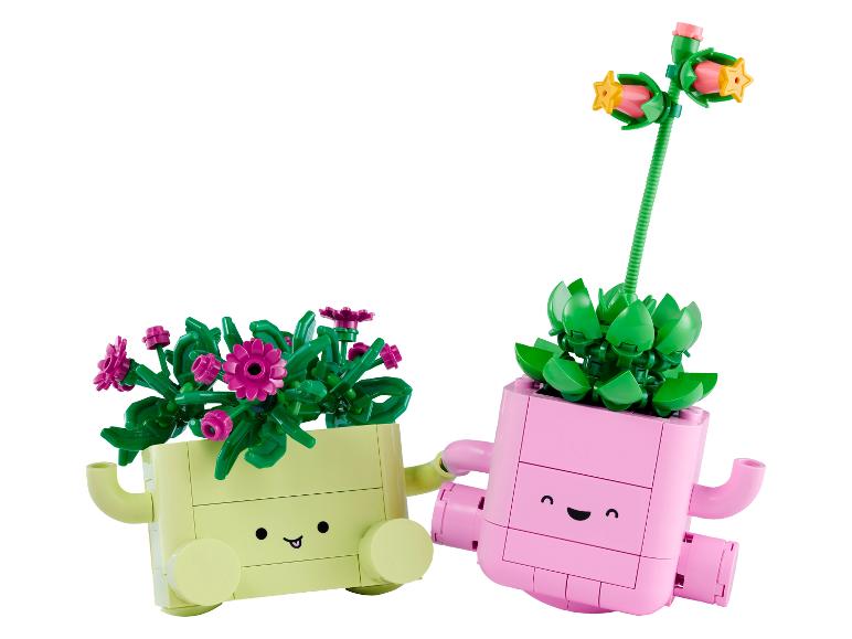 Deux jardinières jouets souriantes, l'une avec des fleurs et l'autre avec des feuilles et des fleurs étoilées.