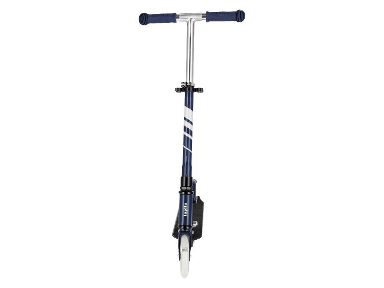 Trottinette pliable Lupilu bleue avec des rayures blanches et un guidon métallique
