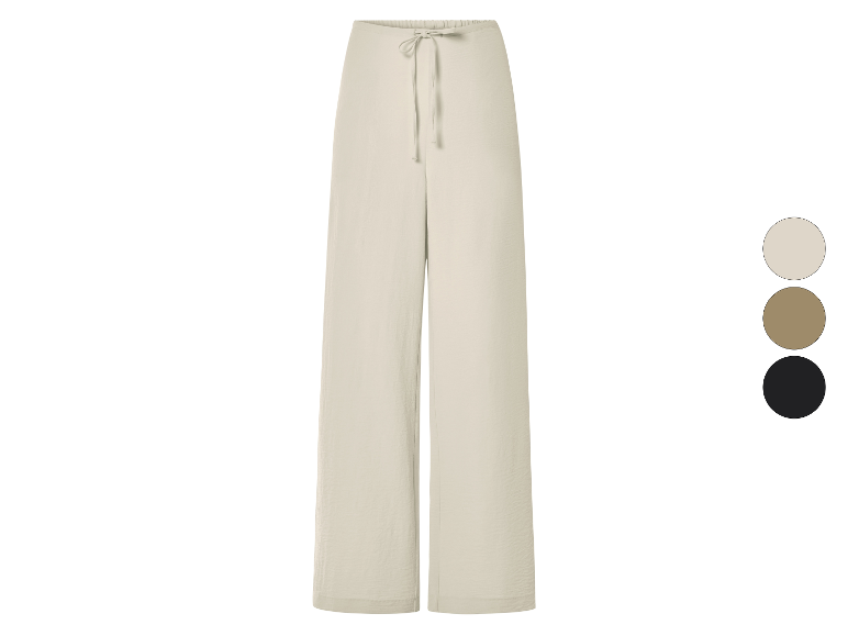 Pantalon long taille haute beige, disponible en plusieurs couleurs.