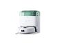 Robot aspirateur blanc avec station de vidange et réservoirs d'eau verts.