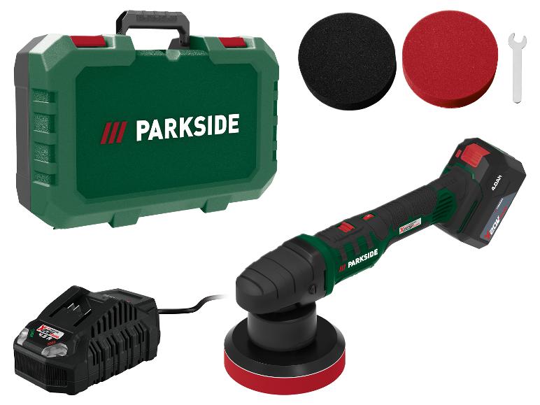 Ensemble de polisseuse sans fil avec mallette, chargeur, batterie et tampons de polissage.