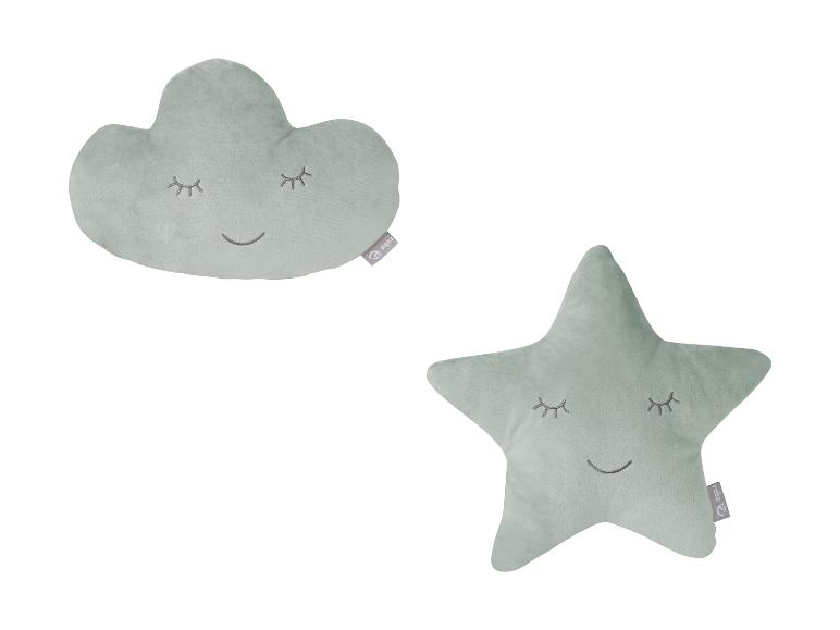 Deux coussins doux, un nuage et une étoile, avec des yeux fermés et des sourires.