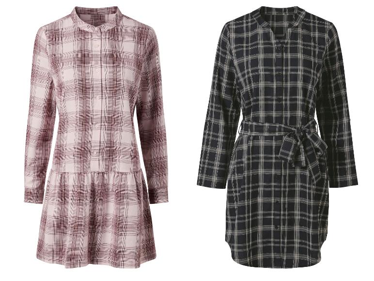 Deux robes à carreaux, une rose et une bleu foncé, à manches longues.