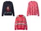 Trois pulls de Noël : bleu marine avec le Père Noël à moto, rose avec des cannes à sucre et rouge avec 'HO HO HO'.