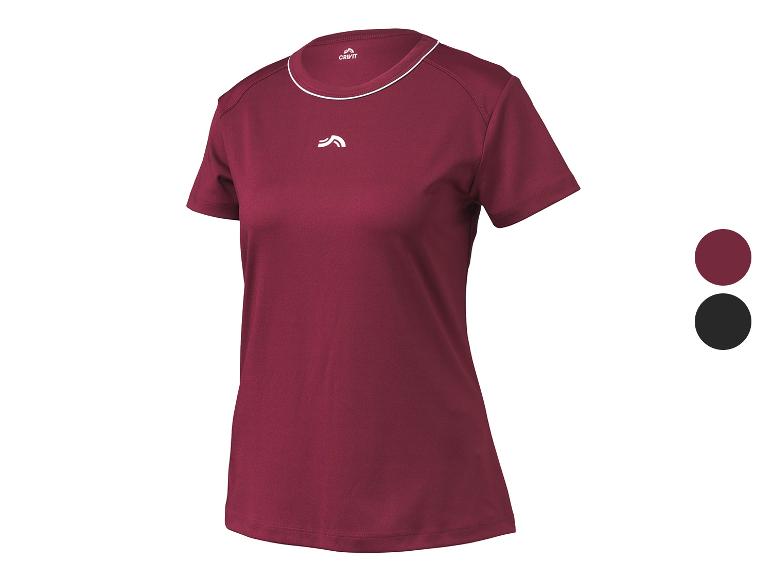 T-shirt de sport bordeaux à manches courtes avec détails blancs, avec deux cercles de couleur à côté.