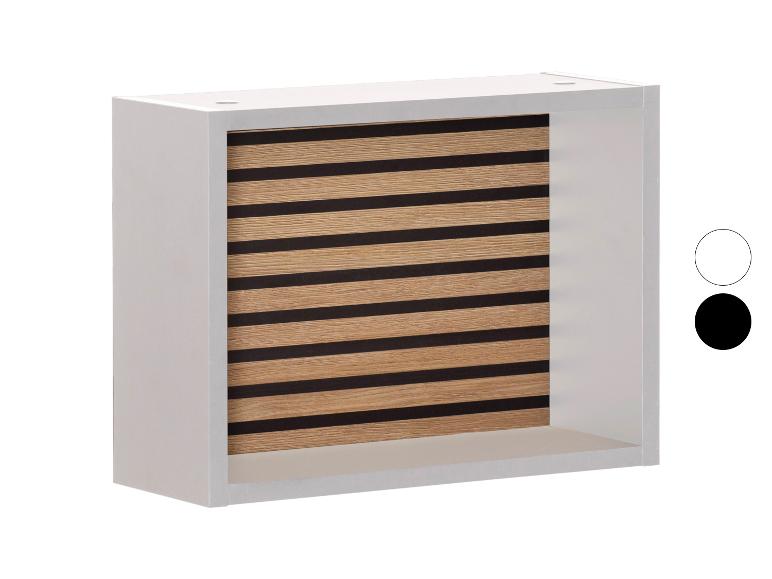 Étagère murale avec cadre blanc et porte coulissante aspect bois à rayures noires.