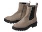 Paire de bottines marron clair à semelles noires, l'une avec fermeture éclair, l'autre avec élastique.