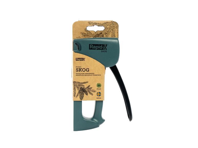 Rapid R53 Agrafeuse manuelle SoS vert forêt avec emballage montrant des pommes de pin.