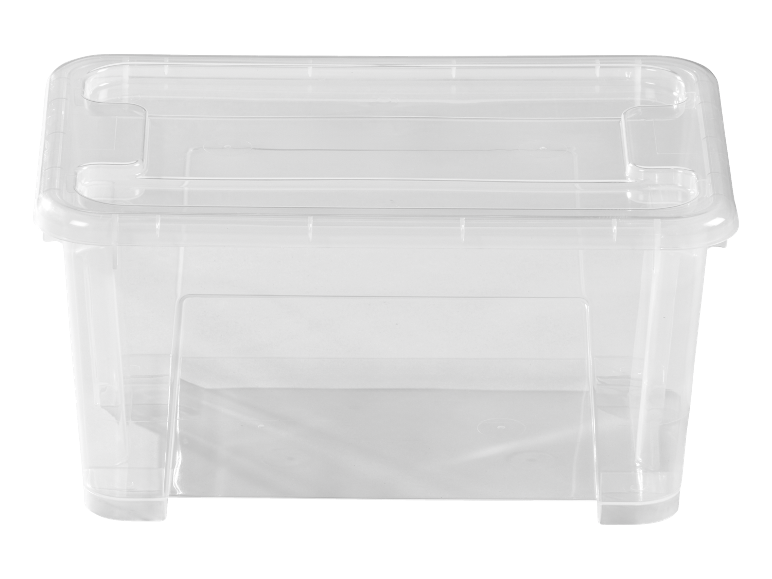 Boîte de rangement en plastique transparent avec couvercle.