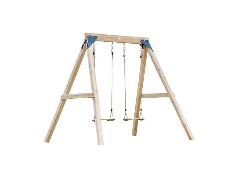 Portique en bois avec deux balançoires, idéal pour les jeux en extérieur.