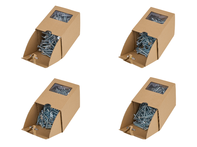 Quatre boîtes en carton pleines de vis en métal.