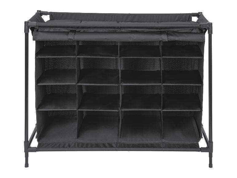 Étagère en tissu noir pliable avec de multiples compartiments de rangement.