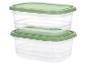 Deux boîtes alimentaires en plastique transparent avec couvercles verts, empilées