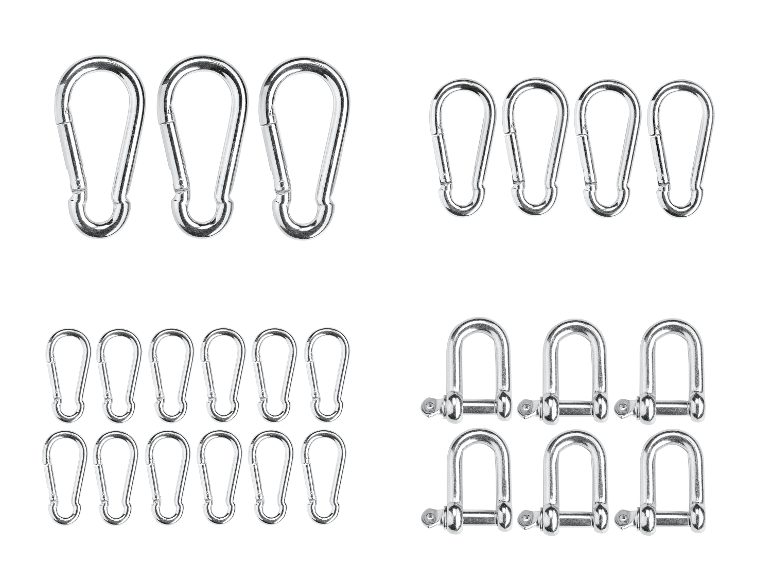 Crochets et manilles métalliques pour connecter des éléments.