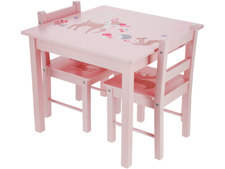 Table et deux chaises pour enfants en bois rose avec illustrations d'animaux de la forêt.